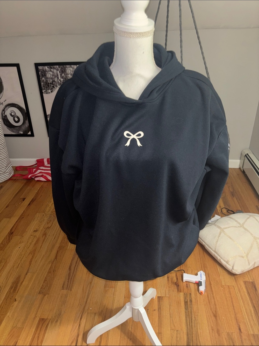 SHEIN Black Hoodie with White Bow Accent